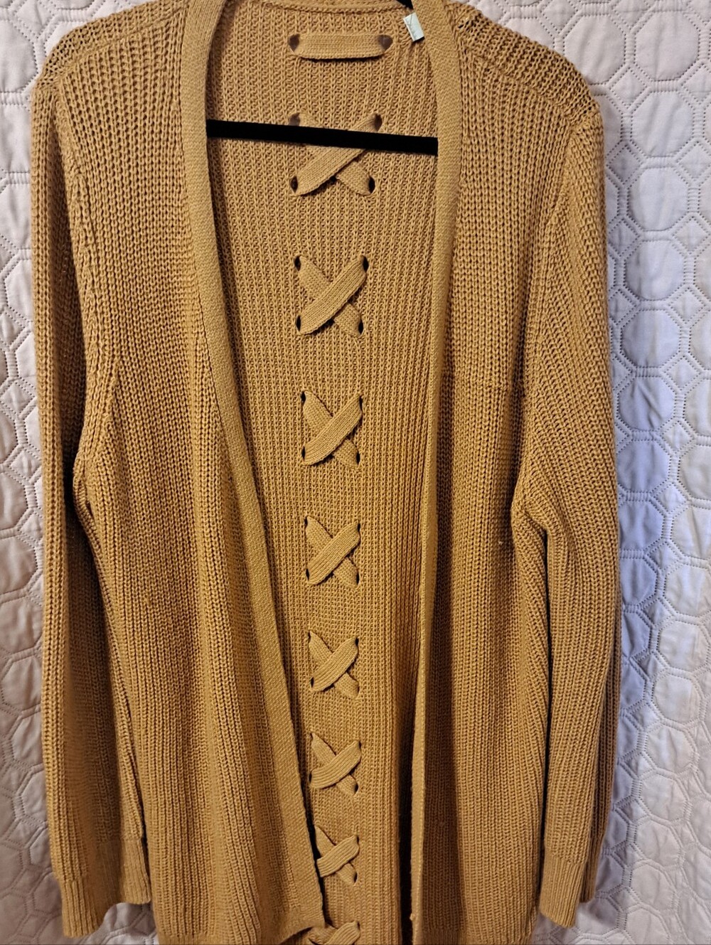 Pinque Women’s Open-Front Knit Cardigan with Decorative Cross-Stitch - Camel 2X